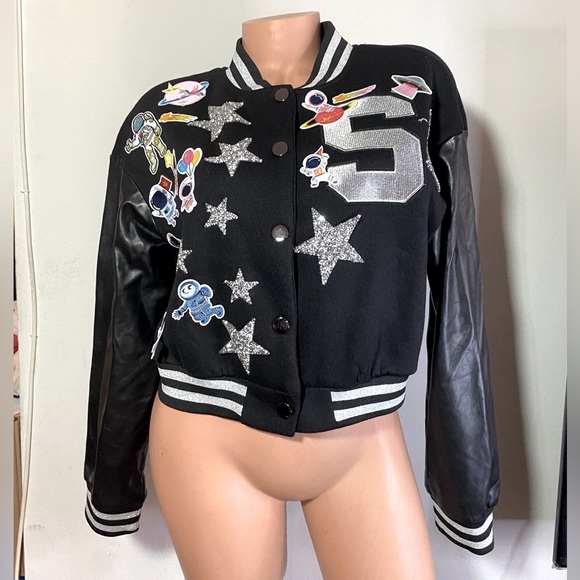 SHEIN Cropped Varsity Style Jacket Black Custom Patch-Work Size M - Picture 2 of 12
